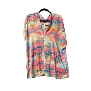 Adrienne Women's Multi Color V-Neck Silky (polyester) Pullover V-Neck Blouse - L